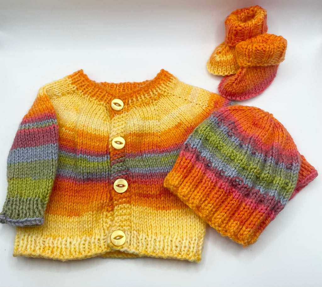 Newborn - Sunburst Orange Cardigan, Bootie & Hat Set
