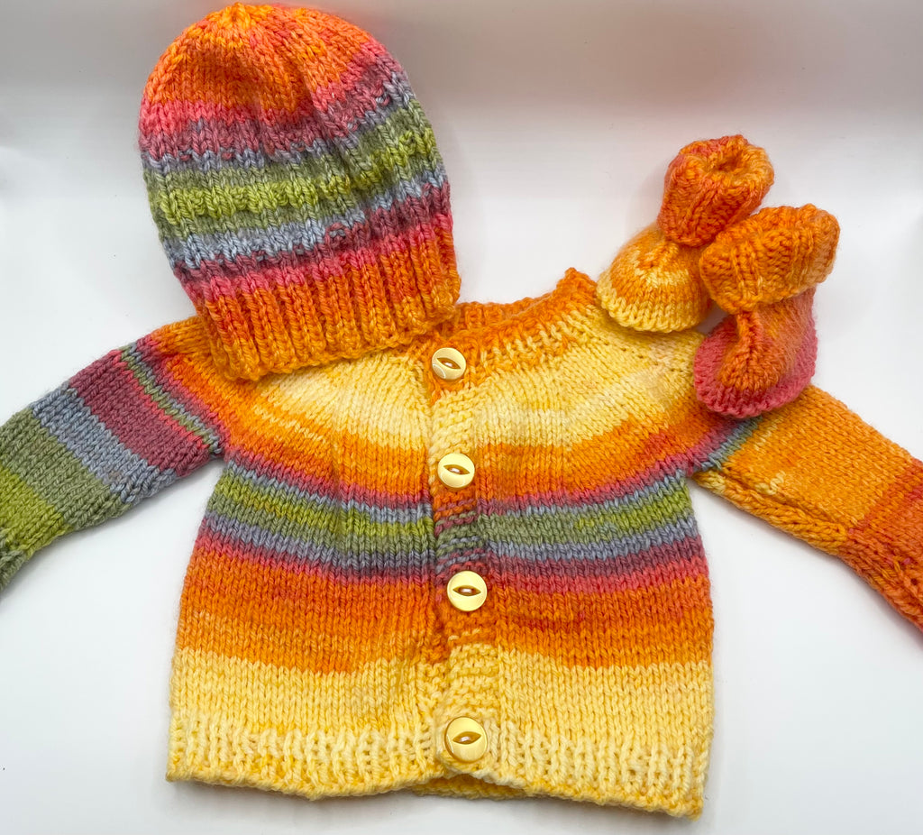 Newborn - Sunburst Orange Cardigan, Bootie & Hat Set
