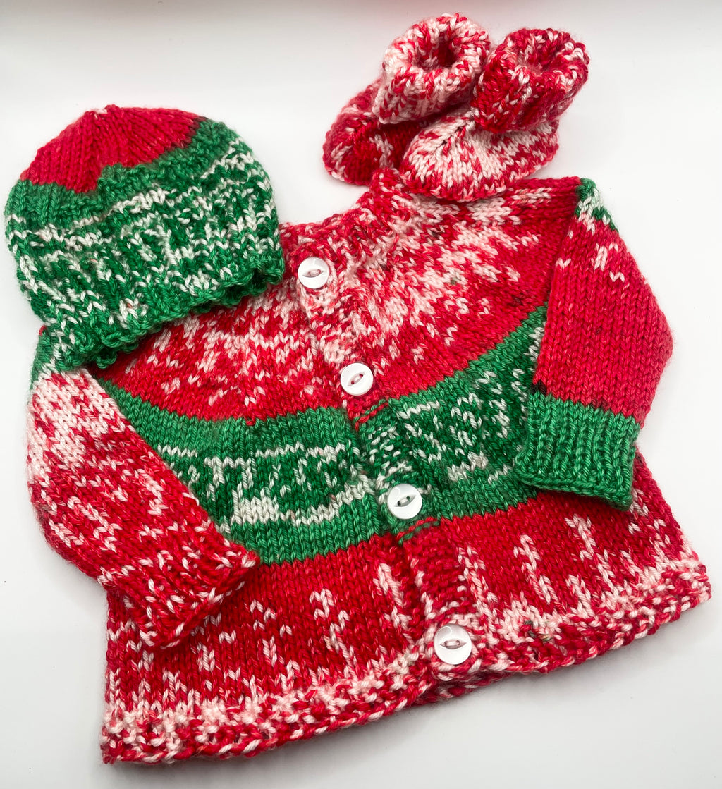 0-3m - Festive Red and Green Baby Cardigan, Bootie & Hat Set