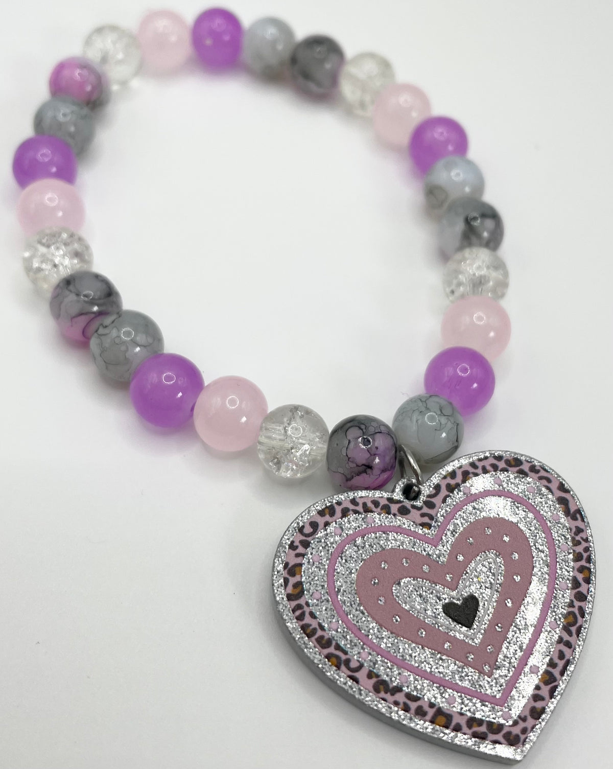 Silver & Pink Glitter Heart Bracelet