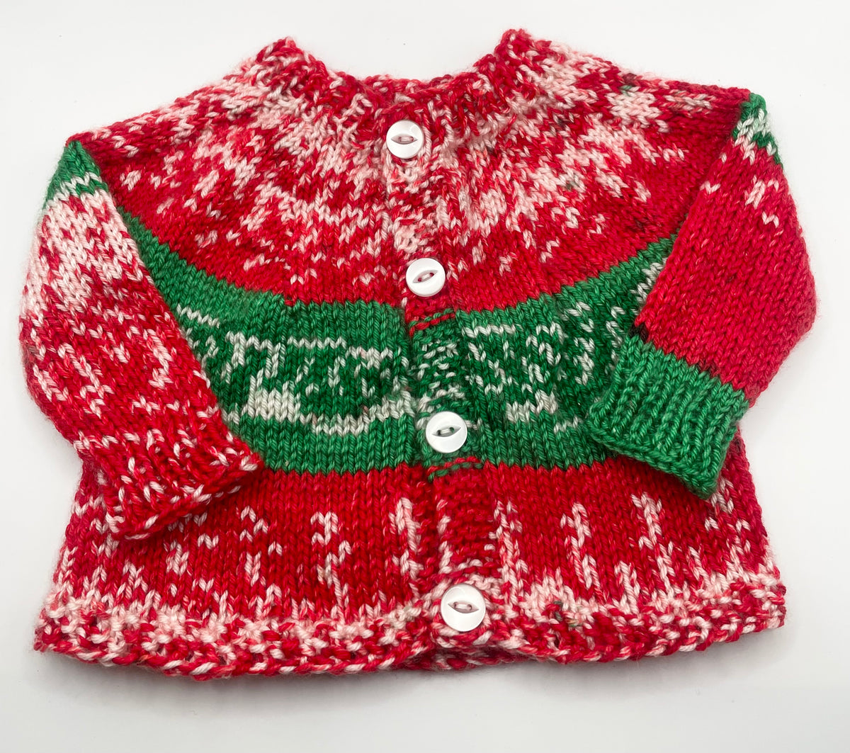 0-3m - Festive Red and Green Baby Cardigan, Bootie & Hat Set