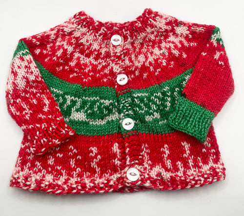 0-3m - Festive Red and Green Baby Cardigan, Bootie & Hat Set
