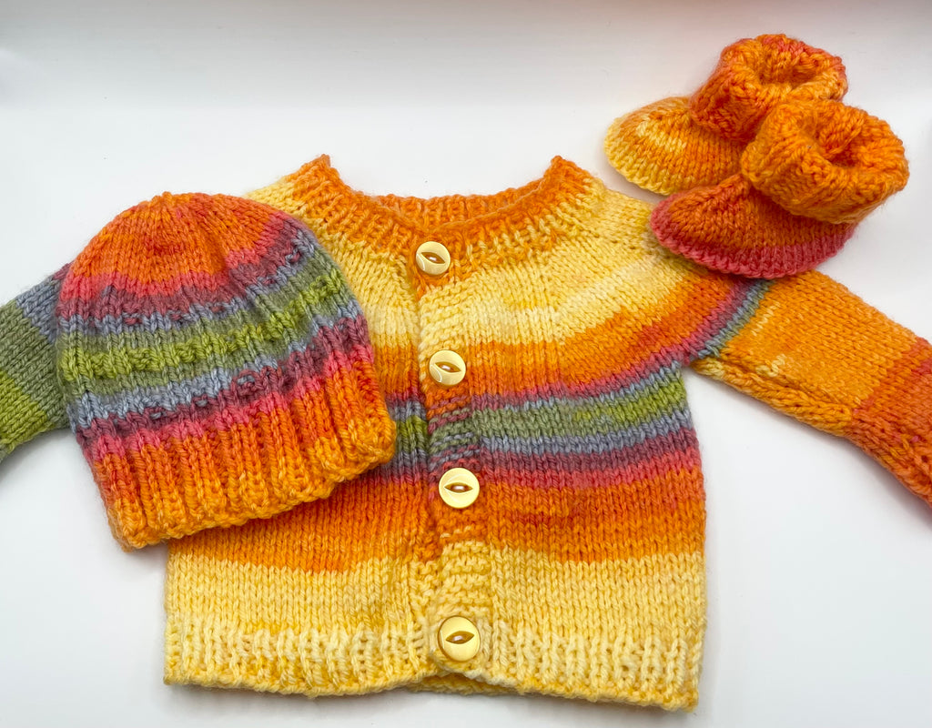 Newborn - Sunburst Orange Cardigan, Bootie & Hat Set