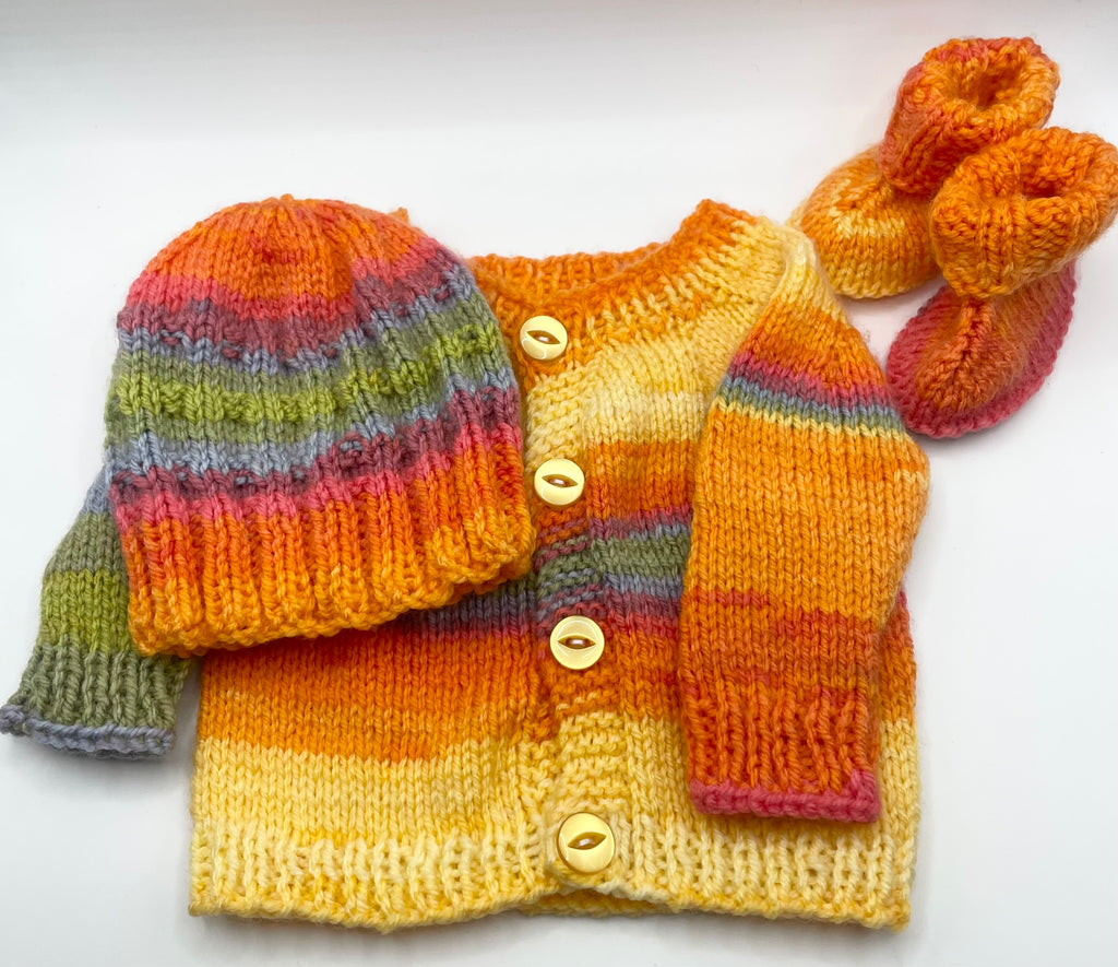 Newborn - Sunburst Orange Cardigan, Bootie & Hat Set