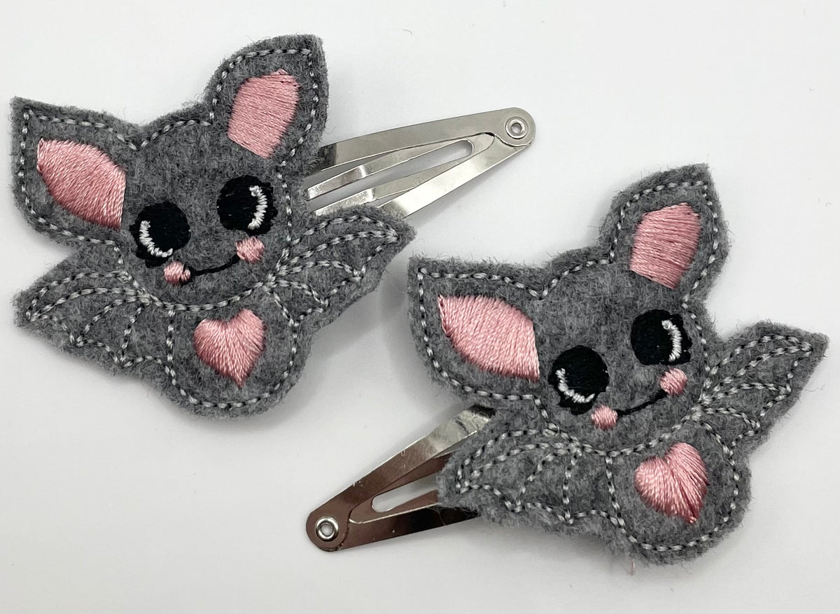 Cute Grey Bat - Pair of Embroidered Feltie Snap clips
