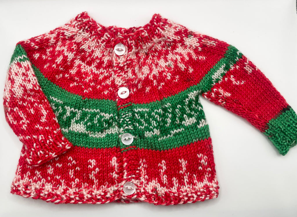 0-3m - Festive Red and Green Baby Cardigan, Bootie & Hat Set
